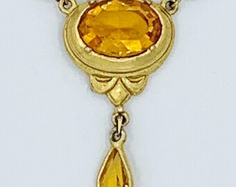 Vintage Art Nouveau Revival Necklace Golden Topaz Color Open Back Stones Gold Tone