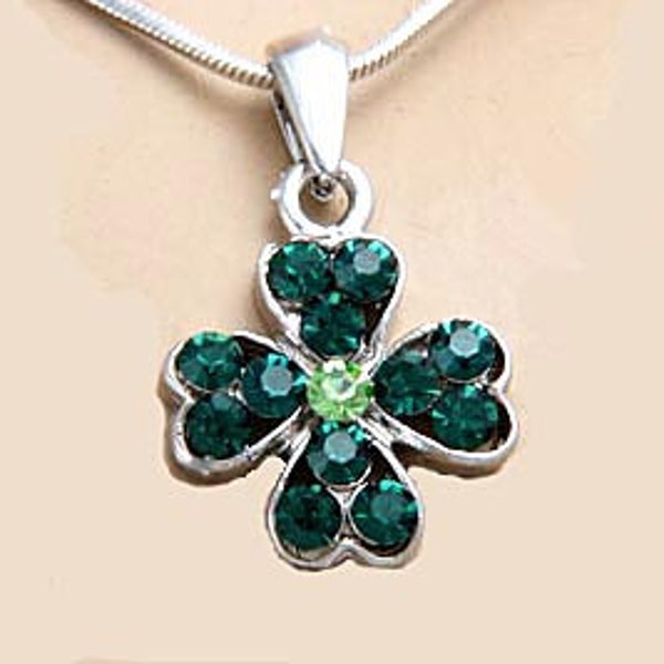 Vintage St. Patrick's Day Shamrock Pendant Necklace Shades Green Silver Tone-Gift Box