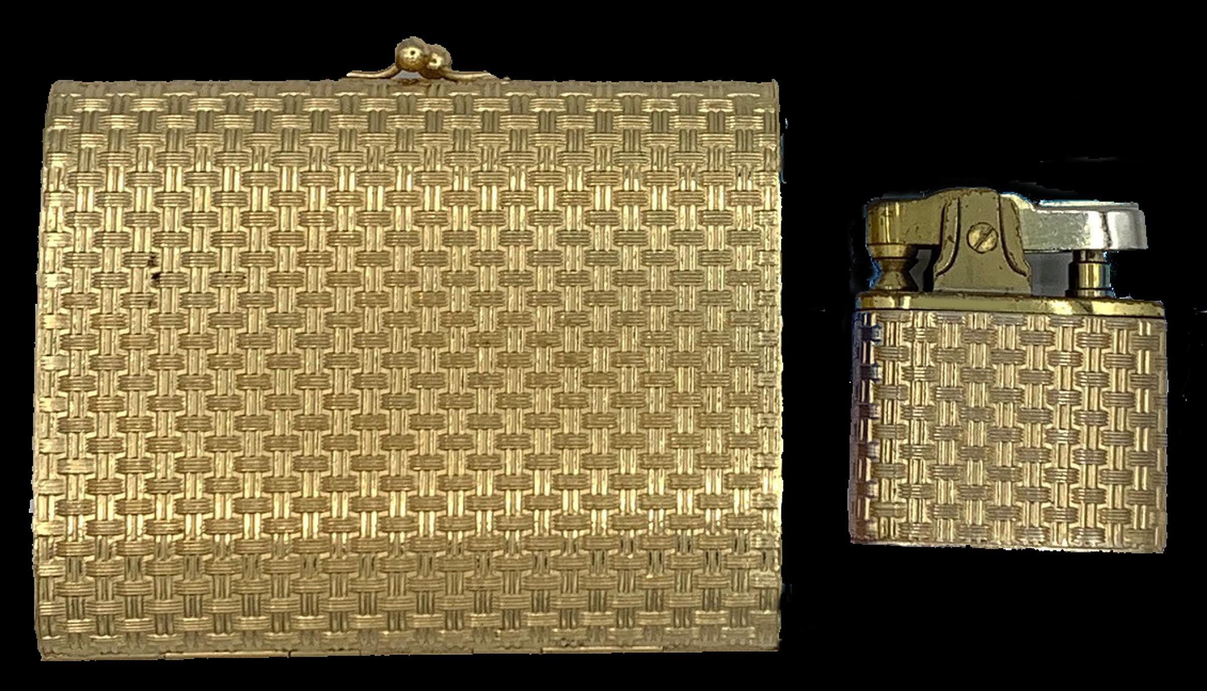 Vintage Signed Napier Cigarette Case & Lighter Set Gold Tone Basket Weave  Design