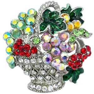 Vintage Easter Basket Fruit Pin Brooch Enamel Rhinestone Grapes Cherries - Gift Box