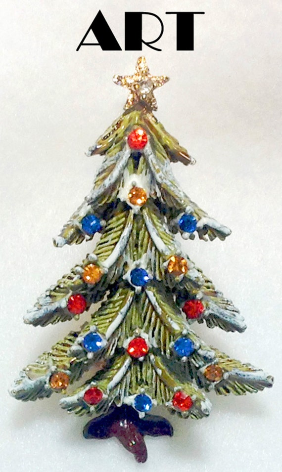 Snowy ART Christmas Tree Pin Enamel Rhinestone