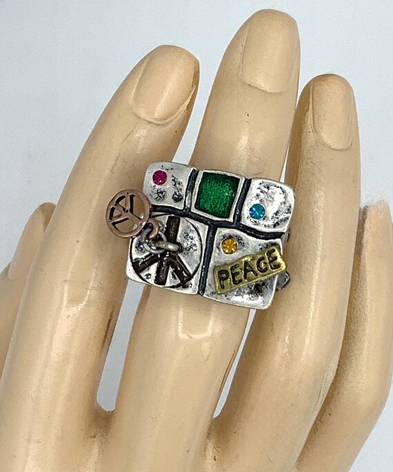 Vintage Peace Sign Patchwork Stretch Ring - Gift … - image 4