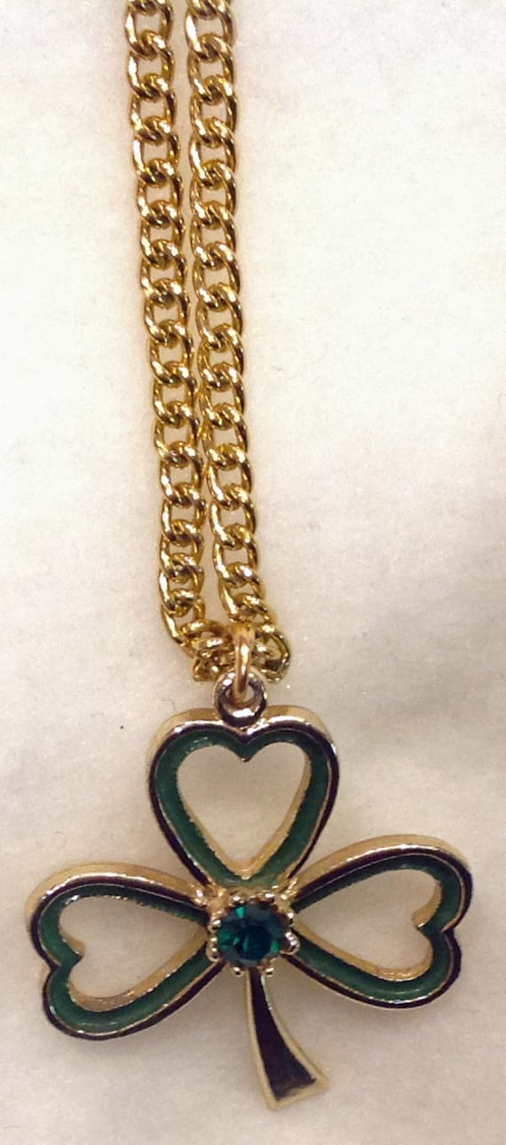 Shamrock Pendant Necklace Long Chain Green Enamel 
