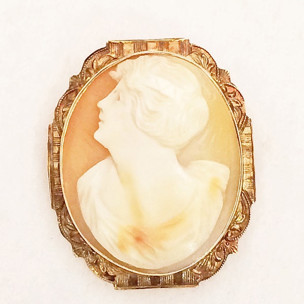 Ostby Barton Signed 10K Yellow Gold Shell Cameo Pin Brooch