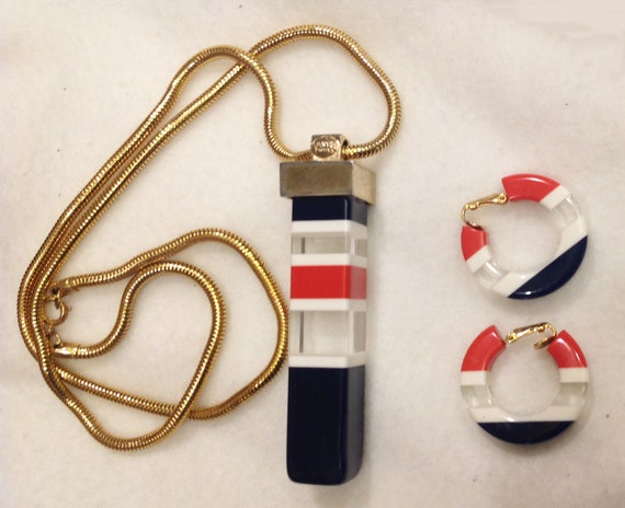 Lanvin Long Pendant Necklace Earrings Set Striped… - image 2