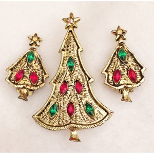 Rhinestone Christmas Tree Pin Brooch Clip Earrings Red Green Gold Tone