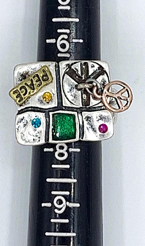 Vintage Peace Sign Patchwork Stretch Ring - Gift … - image 3