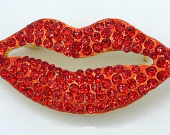 Vintage Kiss Lips Pin Brooch Valentine's Day Red Rhinestone - Gift Box