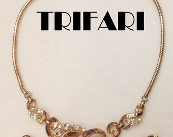 Trifari 1950s Necklace Clip Earrings Set Baguette Navette Rhinestone Gold Tone