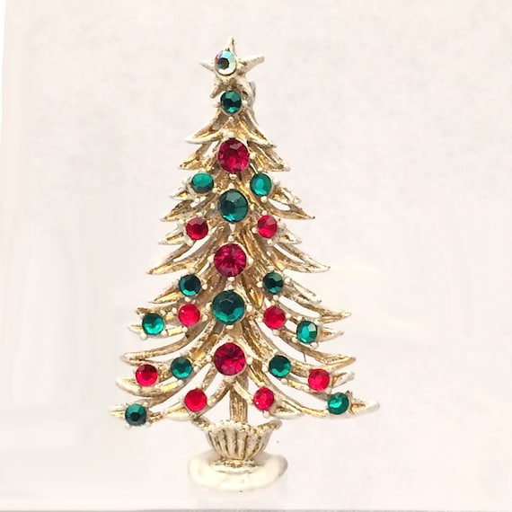 Vintage Hollycraft Christmas Tree Pin Brooch Whit… - image 1