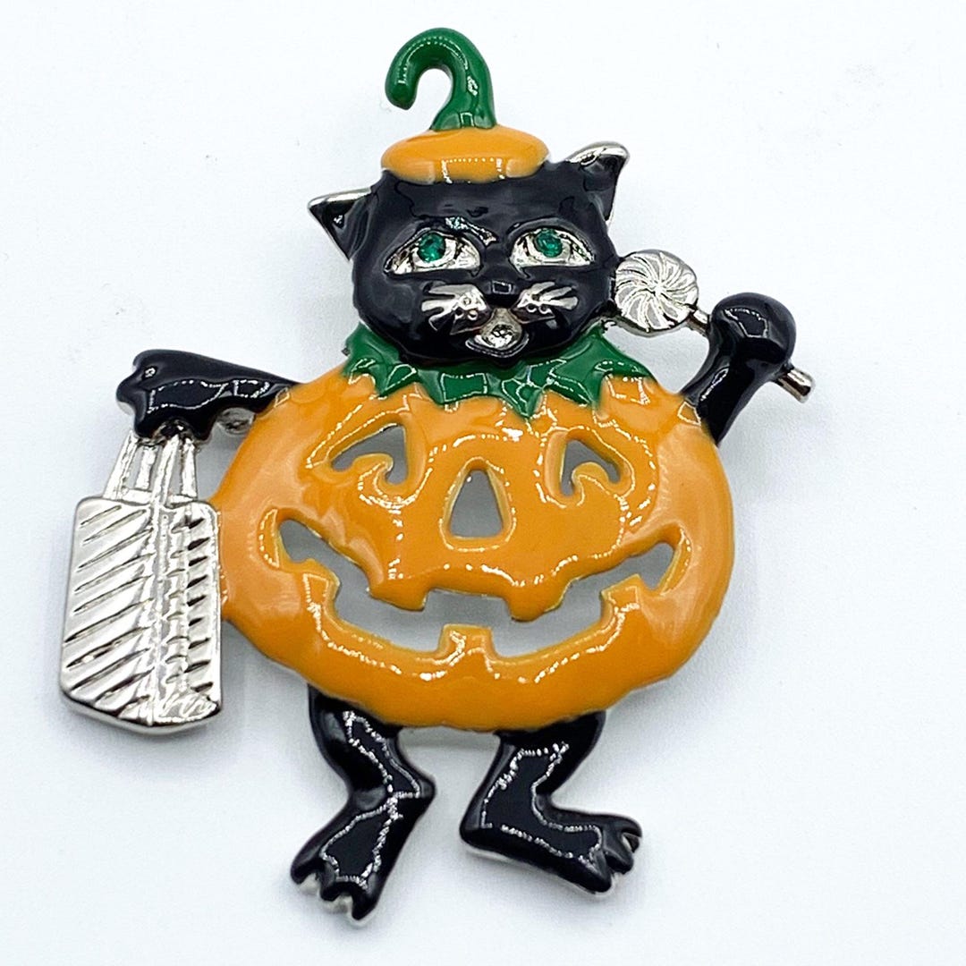 Vintage Halloween Black Cat in Jack O'lantern Pumpkin Costume Pin ...