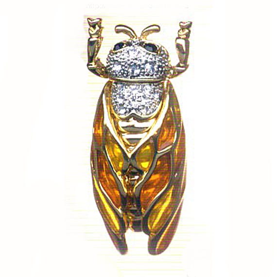 Vintage Cicada Pin Brooch Stained Glass Rhinestone Locust Bug - Gift Box