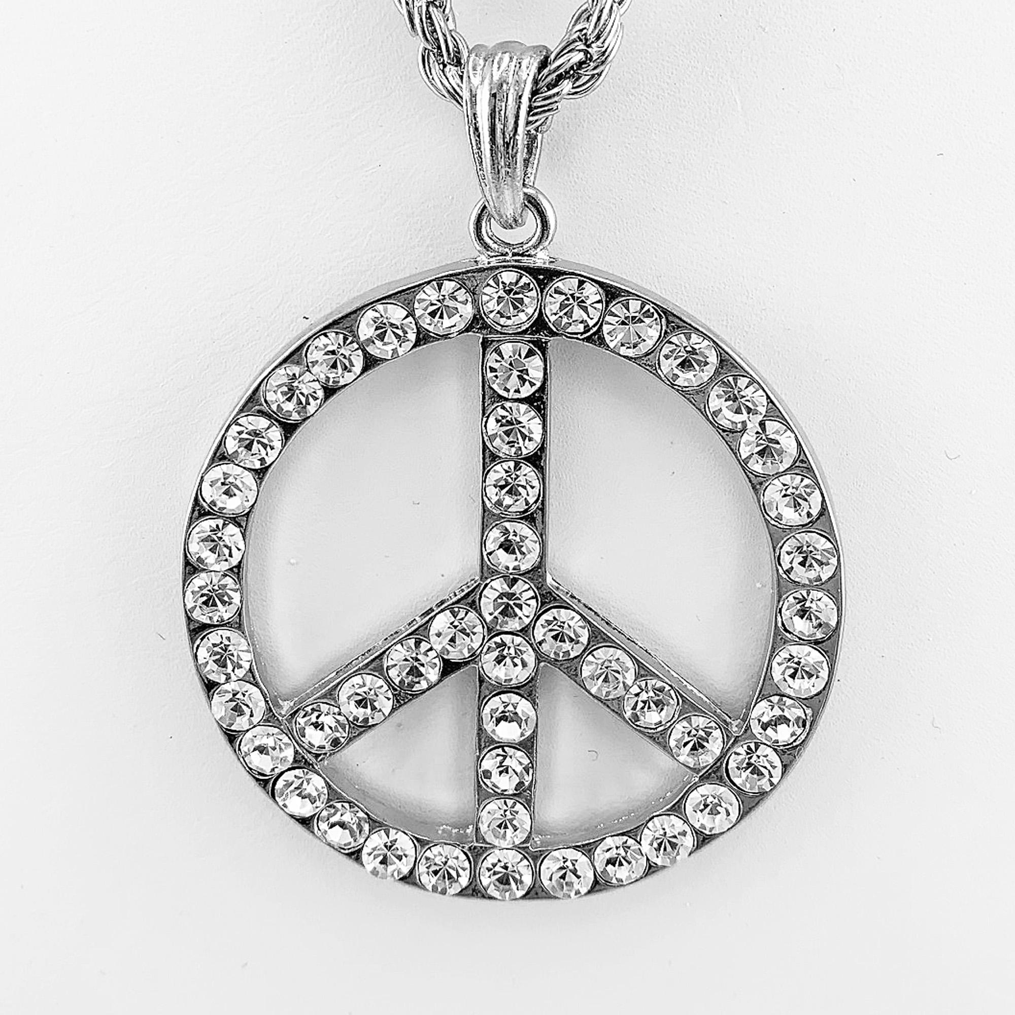 Chain Peace Sign Vintage Large Rhinestone Peace Sign Symbol Necklace 24