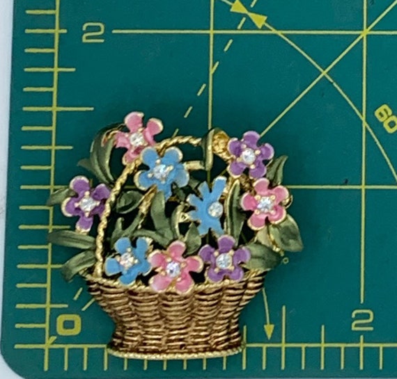 Vintage Flower Basket Pin Pastel Enamel & Rhinest… - image 3