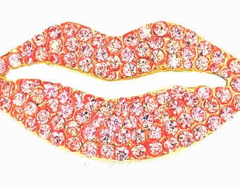 Vintage Pink Lips Kiss Pin Brooch Valentine Pink Rhinestone & Enamel - Gift Box