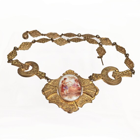 Antique Victorian Porcelain Portrait Necklace Roma