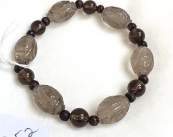 Smoky Quartz, Wood & 12mm Carved Double Happiness Bracelet – Grounding • Joy • Auspicious Energy (252)