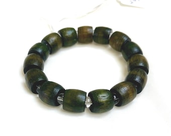 Clear Quartz & Vintage Green Wood Bead Bracelet - Grounded Clarity (244)