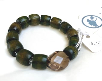 Smoky Quartz, Clear Quartz & Vintage Green Wood Bead Bracelet – Grounded Illumination (245)