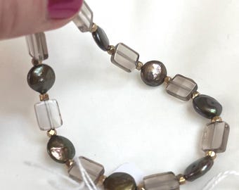 Flat Rectangular Smoky Quartz and Pearl Bracelet – Handmade Gemstone Jewelry for Grounding & Grace (251)