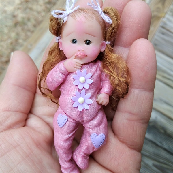 Polymer Clay Baby Awake Blue Eyes Baby Girl SIZE 3.0" Gift Collectible Keepsake OOAK Baby Toddler Art Sculpture Mini Doll Has a Flat Back