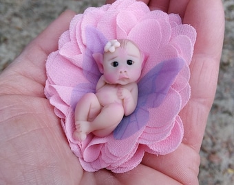 OOAK Polymer Clay Fairy Baby, Black Eyes, Elf Wings, Miniature Art Doll Size 1.5"