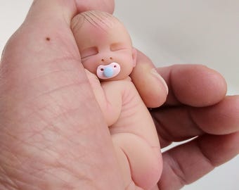 Polymer Clay Sleeping Baby Girl, OOAK Miniature Art Doll (2.5")
