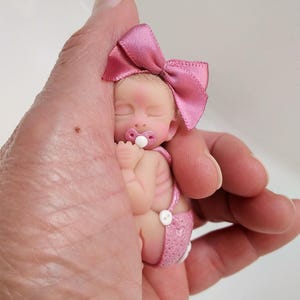 Polymer Clay Sleeping Baby Girl SIZE 2.0&quot; Gift Collectible Keepsake Mini Cake Topper OOAK Art Sculpture Miniature Baby Shower Art Ornament