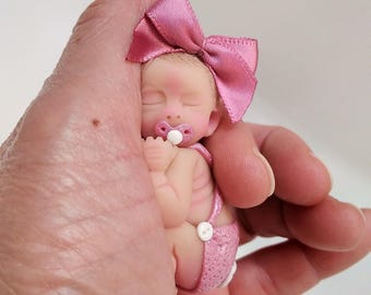 Polymer Clay Sleeping Baby Girl Miniature, Collectible Art Doll (2.0")