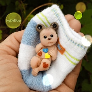 Polymer Clay Baby Micro Mini Hybrid Teddy Bear Baby SIZE 1.99" Gift Collectible Keepsake OOAK Art Sculpture Fairy Garden Doll House Scale