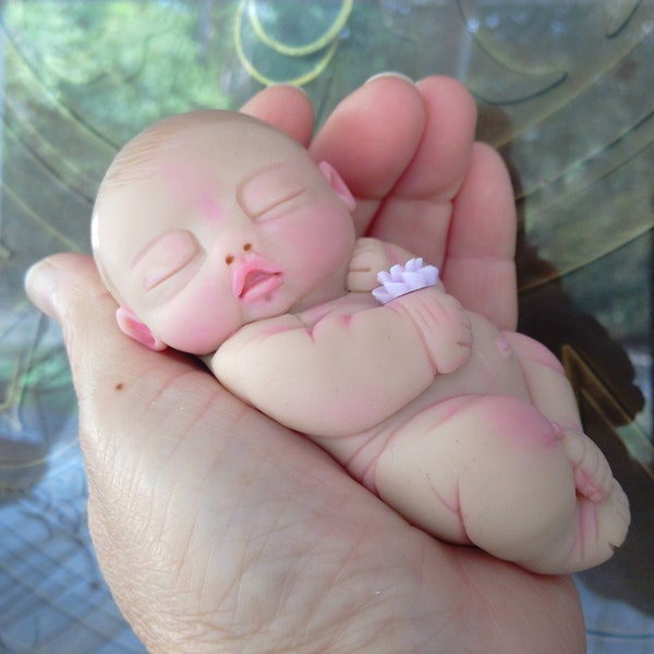 Polymer Clay Sleeping "Chunky Cutie" Baby SIZE 4" & 5 Oz. with Magnetic Pacifier Gift Keepsake Collectible OOAK Art Baby Doll Sculpture
