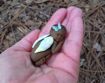 Polymer Clay Asleep Butterfly Baby, OOAK Collectible Doll (2.0")