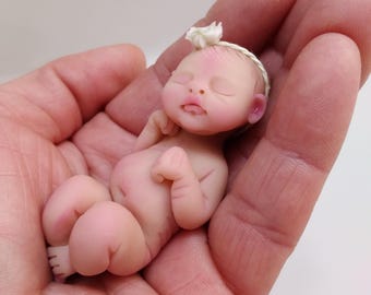 Polymer Clay Sleeping Newborn Baby Girl Art Doll, Collectible Keepsake (2.5")