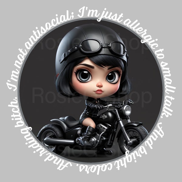Custom gothic biker girl png, rocker biker chic digital art, woman biker caricature, motorcycle lady rider png, introvert biker girl cartoon