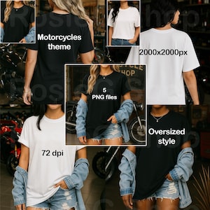 Modelbundel shirts, essentieel T-shirt, motorthema comfort kleuren 1717 5 png-bestanden, zwart-wit, voor- en achterkant vrouwelijke modellen