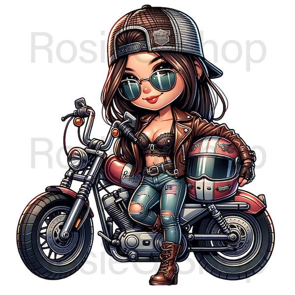 Brunette biker babe clipart, cute biker chic png, motorcycle rider cartoon lady biker digital art woman rider comic, biker girl caricature