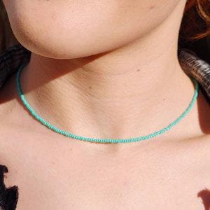 May include: A turquoise beaded necklace on a person's neck.