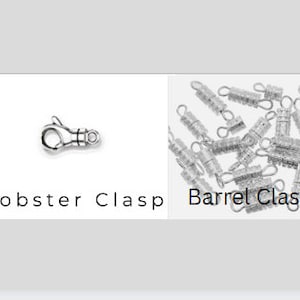 May include: Two types of clasps for jewelry making: a silver lobster clasp and a silver barrel clasp.