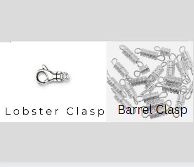 May include: Two types of clasps for jewelry making: a silver lobster clasp and a silver barrel clasp.