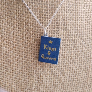 Book Neckace // Kings and Queens Mini Book Necklace // Blue // Gold Writing // Real Pages // 20 inch Silver Plated Chain