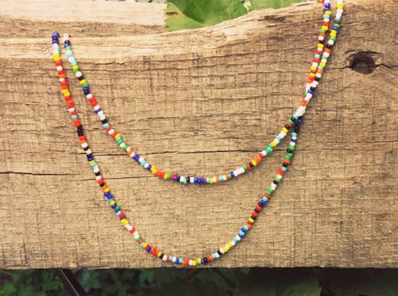 Handmade Seed Bead Necklace: Colorful Boho Hippie Jewelry 90s style 70s