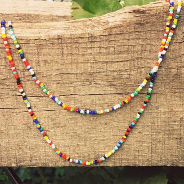 Handmade Seed Bead Necklace: Colorful Boho Hippie Jewelry 90s style 70s