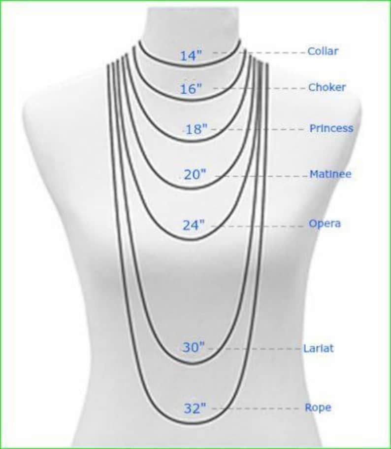 May include: Diagram showing different necklace lengths, from 14 inches to 32 inches, with corresponding names: Collar, Choker, Princess, Matinee, Opera, Lariat, and Rope.