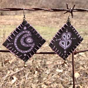 Bohemian Leather Earrings, Gift For Her, Nature Lovers, Hand Painted, South West, Grunge Fairy Core , Brown, Violet, Moon, Art, Stitched