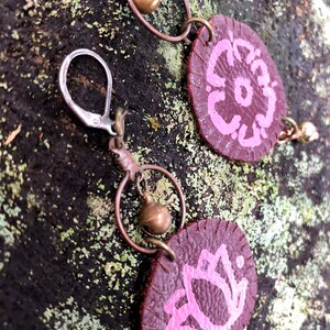 Long Leather and Copper Earrings, Bohemian Hand Painted Earrings, Grunge Fairy Core, Silver Bells, Hand Stitched, Brown, Desert Rose Pink