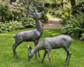Grote bronzen tuinbeelden set herten | Buitensculpturen hert, hinde | Elegante tuin, terras, gazondecoratie