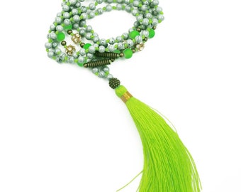 Long neon green pompom necklace