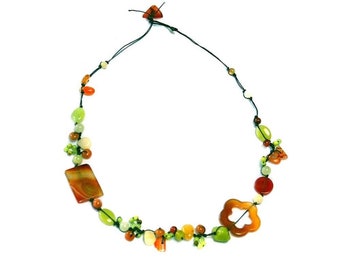 Natural stone necklace with jasper, carnelian, and gorgonian – Silk thread necklace – Elegant and original women's jewelry