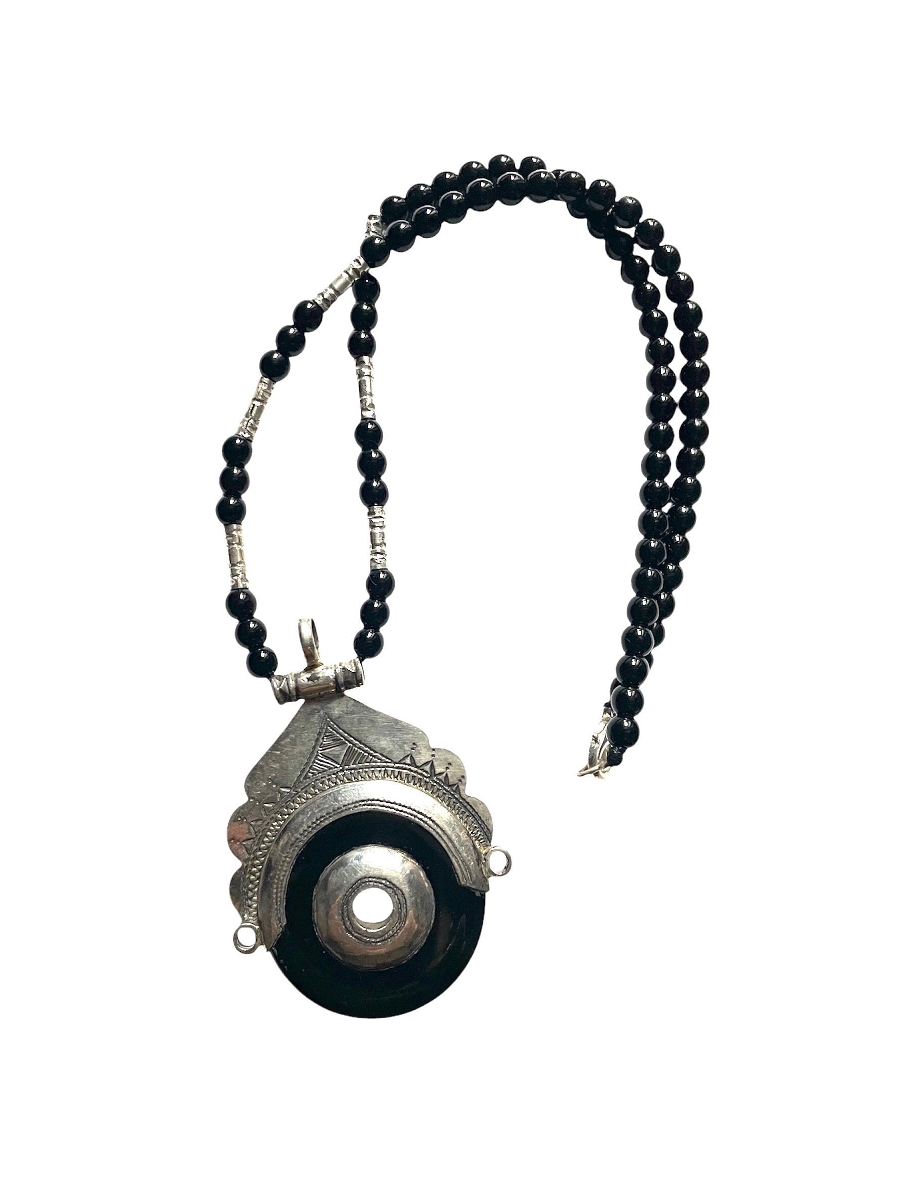 Tuareg goddess necklace in silver and black glass beads