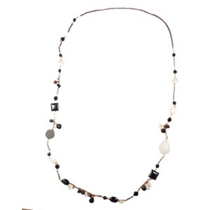 Necklace, black and white long necklace in natural stones for women